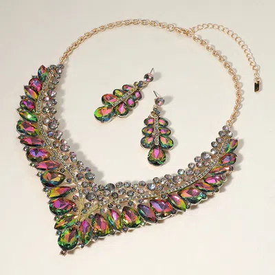 Fashnzfab Teardrop Marquise Round Stone Embellished V Shaped Evening Necklace In Green