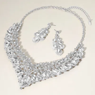 Fashnzfab Teardrop Marquise Round Stone Embellished V Shaped Evening Necklace In Metallic