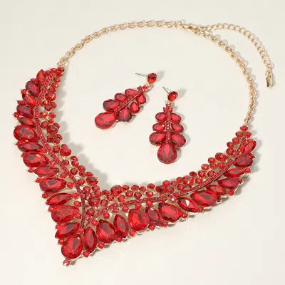 Fashnzfab Teardrop Marquise Round Stone Embellished V Shaped Evening Necklace In Red