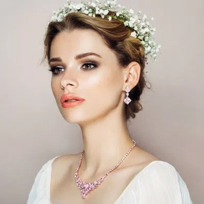Fashnzfab Teardrop Marquise Square Cz Stone Cluster Accent Necklace - Lt Rose, Silver In Multi