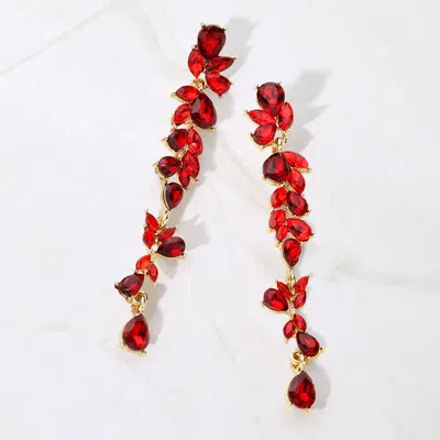 Fashnzfab Teardrop Marquise Stone Cluster Embellished Dropdown Evening Earrings In Red