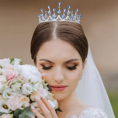 Fashnzfab Teardrop Marquise Stone Cluster Embellished Princess Tiara In Blue