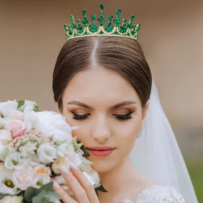 Fashnzfab Teardrop Marquise Stone Cluster Embellished Princess Tiara In Green