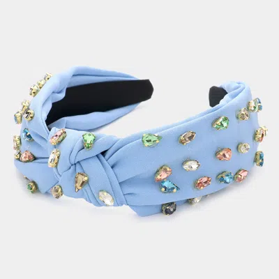 Fashnzfab Teardrop Marquise Stone Embellished Knot Burnout Headband In Blue