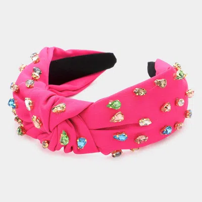 Fashnzfab Teardrop Marquise Stone Embellished Knot Burnout Headband In Pink