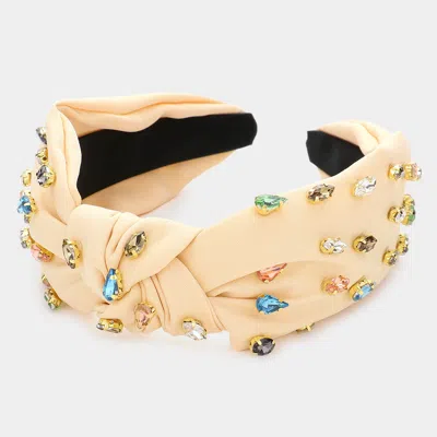 Fashnzfab Teardrop Marquise Stone Embellished Knot Burnout Headband In White