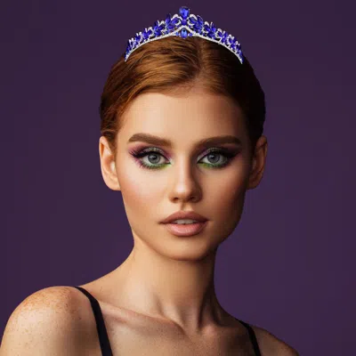 Fashnzfab Teardrop Marquise Stone Embellished Princess Tiara - Clear, Sapphire, Silver In Multi