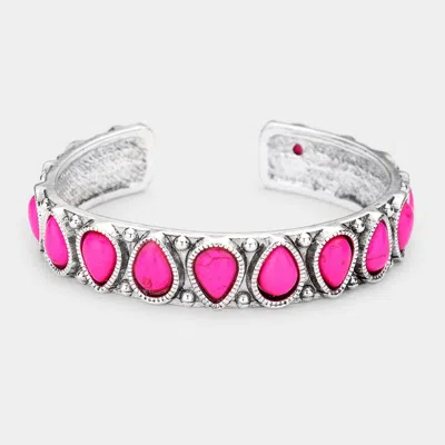 Fashnzfab Teardrop Natural Stone Antique Metal Cuff Bracelet Fuchsia In Pink