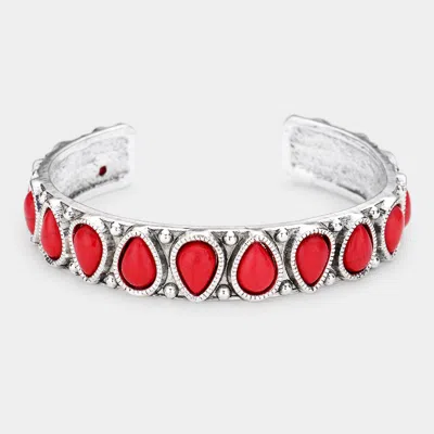 Fashnzfab Teardrop Natural Stone Antique Metal Cuff Bracelet In Red