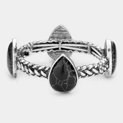 Fashnzfab Teardrop Natural Stone Antique Metal Stretch Bracelet In Black