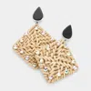Fashnzfab Teardrop Natural Stone Studded Woven Wood Square Link Dangle Earrings - Black In Black