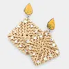 Fashnzfab Teardrop Natural Stone Studded Woven Wood Square Link Dangle Earrings - Yellow In Gold