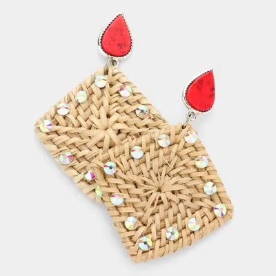 Fashnzfab Teardrop Natural Stone Studded Woven Wood Square Link Dangle Earrings - Coral In Red