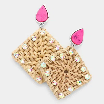 Fashnzfab Teardrop Natural Stone Studded Woven Wood Square Link Dangle Earrings - Pink In Purple