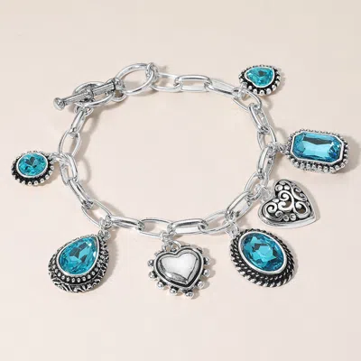 Fashnzfab Teardrop Oval Round Stone Metal Heart Charm Station Toggle Bracelet Antique Silver, Aqua In Multi