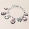 Fashnzfab Teardrop Oval Round Stone Metal Heart Charm Station Toggle Bracelet Antique Silver, Pink In Multi