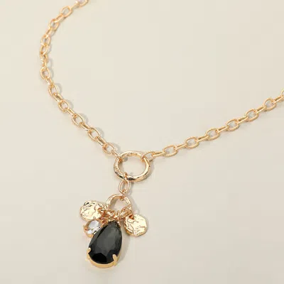 Fashnzfab Teardrop Oval Stone Cluster Textured Medal Pendant Long Necklace - Black Diamond In Multi