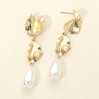 Fashnzfab Teardrop Pearl Abstract Metal Plate Link Drop Statement Earrings In Silver