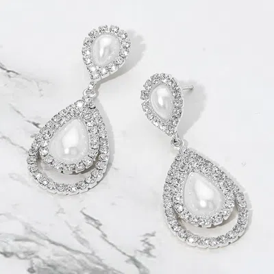 Fashnzfab Teardrop Pearl Accent Rhinestone Pave Trim Drop Evening Earrings In Silver