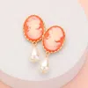 Fashnzfab Teardrop Pearl Dangle Cameo Earrings - Coral In Orange