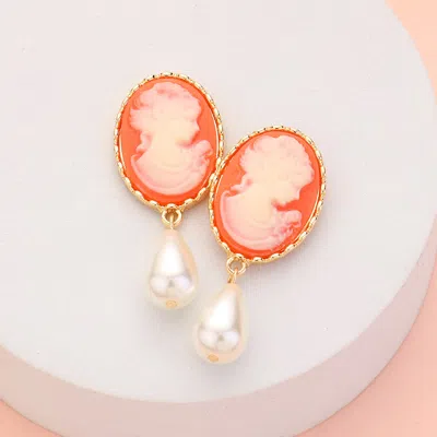 Fashnzfab Teardrop Pearl Dangle Cameo Earrings - Coral In Orange