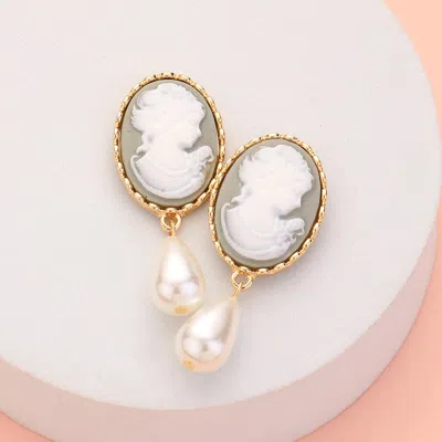 Fashnzfab Teardrop Pearl Dangle Cameo Earrings - Gray In Gold