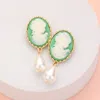 Fashnzfab Teardrop Pearl Dangle Cameo Earrings - Green In Green