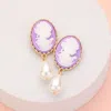 Fashnzfab Teardrop Pearl Dangle Cameo Earrings - Lavender In Pink