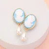 Fashnzfab Teardrop Pearl Dangle Cameo Earrings - Light Blue In Blue