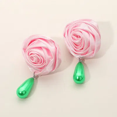 Fashnzfab Teardrop Pearl Dangle Satin Rose Earrings - Pink