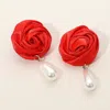 Fashnzfab Teardrop Pearl Dangle Satin Rose Earrings - Red In Red