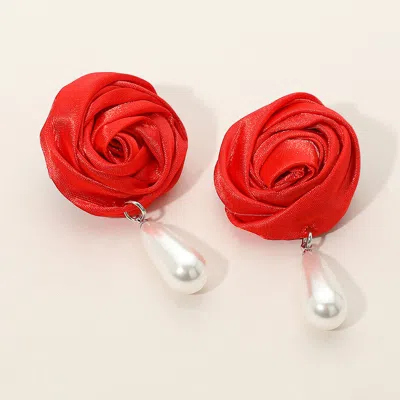 Fashnzfab Teardrop Pearl Dangle Satin Rose Earrings - Red
