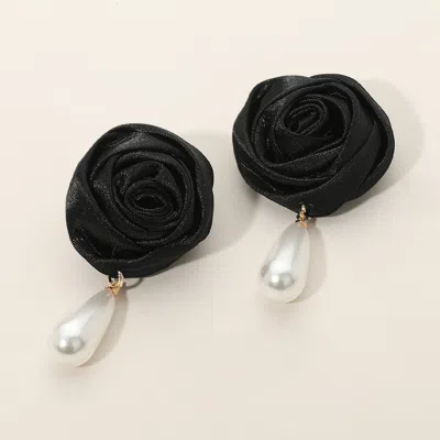 Fashnzfab Teardrop Pearl Dangle Satin Rose Earrings In Black