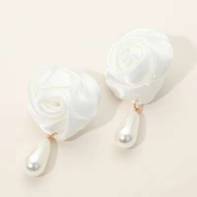 Fashnzfab Teardrop Pearl Dangle Satin Rose Earrings In White