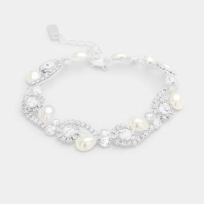 Fashnzfab Teardrop Pearl Detail Rhinestone Pave Floral Evening Bracelet Silver, White