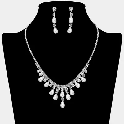 Fashnzfab Teardrop Pearl Embellished Square Rhinestone Paved Necklace In Metallic
