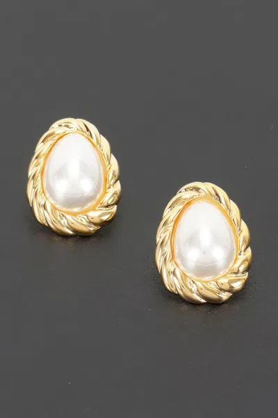 Fashnzfab Teardrop Pearl Stud Earrings With Twisted Metal Frame In Gold