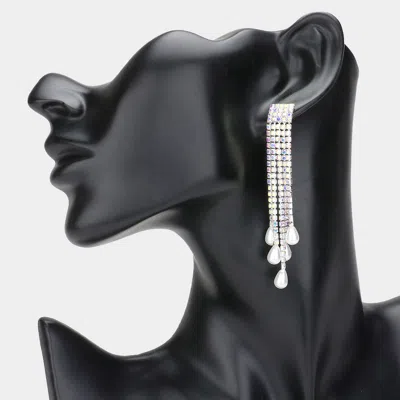 Fashnzfab Teardrop Pearl Tip Rhinestone Paved Fringe Evening Earrings - Ab, Silver In Metallic
