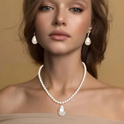 Fashnzfab Teardrop Pendant Pearl Strand Necklace In Silver