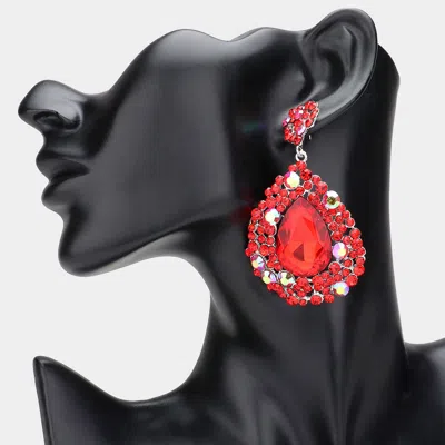 Fashnzfab Teardrop Pointed Rhinestone Embellished Dangle Evening Earrings - Ab, Red