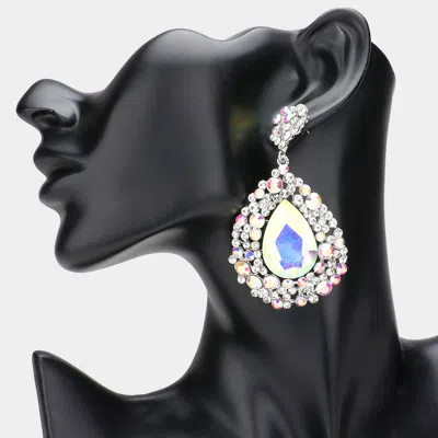 Fashnzfab Teardrop Pointed Rhinestone Embellished Dangle Evening Earrings - Ab, Silver In Metallic