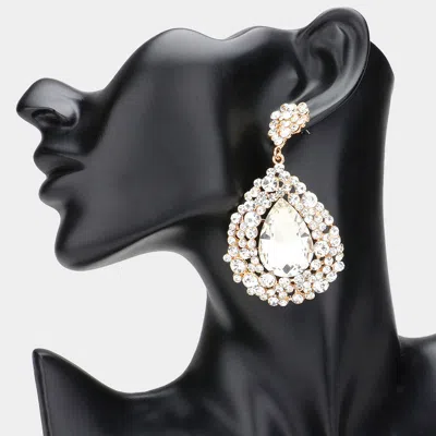 Fashnzfab Teardrop Pointed Rhinestone Embellished Dangle Evening Earrings - Clear, Gold In Metallic