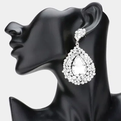 Fashnzfab Teardrop Pointed Rhinestone Embellished Dangle Evening Earrings - Clear, Silver