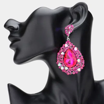 Fashnzfab Teardrop Pointed Rhinestone Embellished Dangle Evening Earrings - Fuchsia In Pink