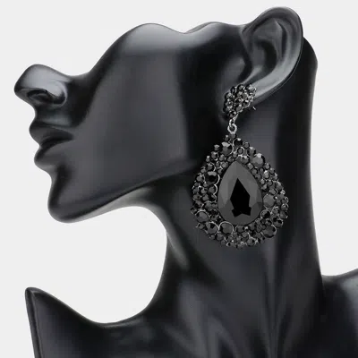 Fashnzfab Teardrop Pointed Rhinestone Embellished Dangle Evening Earrings - Jet Black