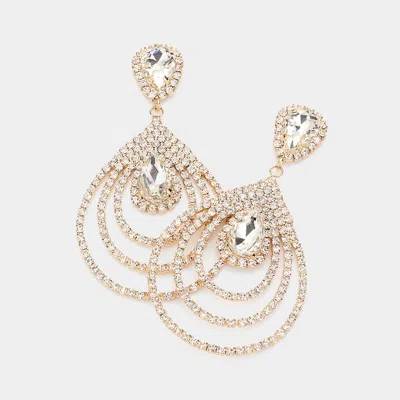 Fashnzfab Teardrop Rhinestone Cluster Pointed Dangle Evening Earrings - Gold