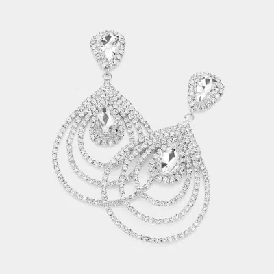 Fashnzfab Teardrop Rhinestone Cluster Pointed Dangle Evening Earrings - Rhodium In Metallic