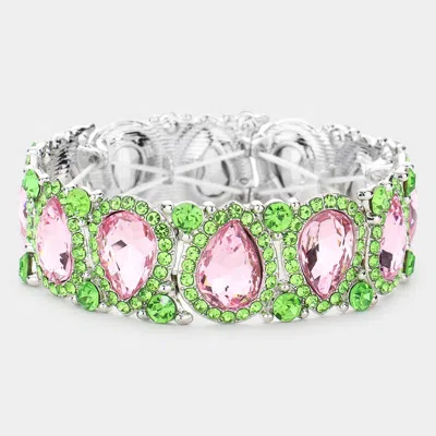 Fashnzfab Teardrop Rhinestone Trim Stretch Evening Bracelet Pink & Green