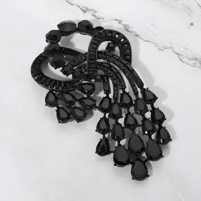 Fashnzfab Teardrop Round Baguette Stone Cluster Embellished Statement Pin Brooch In Black