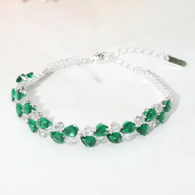 Fashnzfab Teardrop Round Cz Cluster Link Evening Bracelet In Green